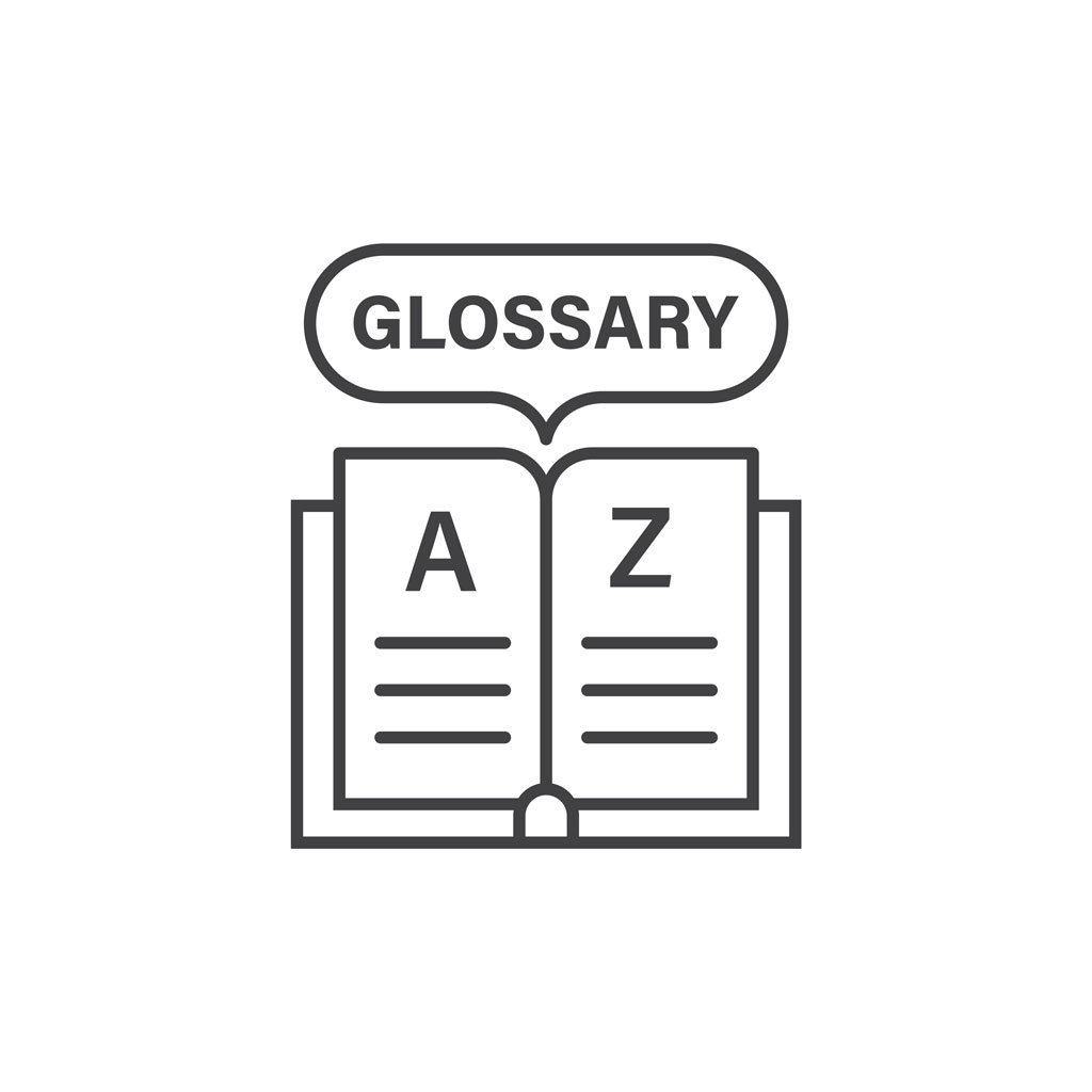 Vector of the term 'glossary' with a depiction of an open book